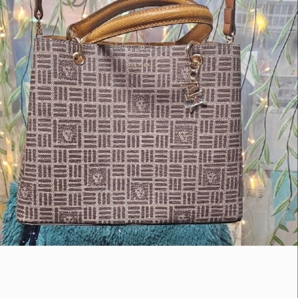 Brown Patterned Anne Klein Handbag With Tan Walle… - image 2